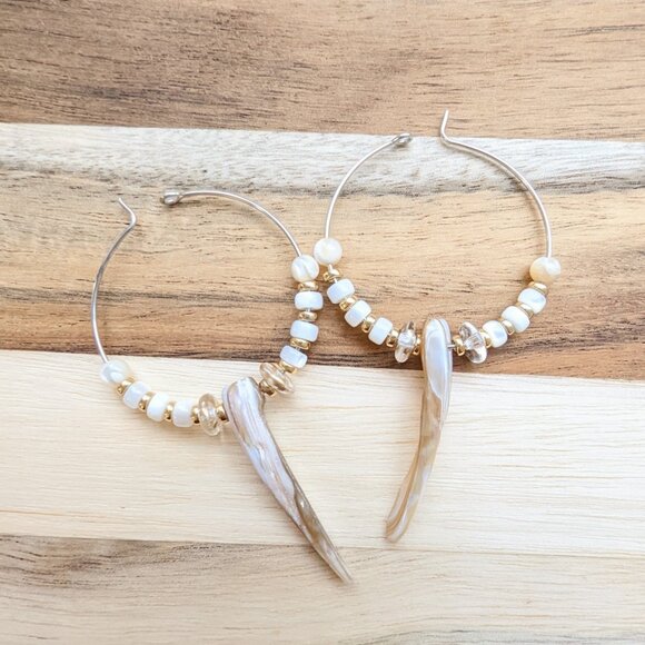 Neutral Shell Beaded Handmade Steel Hoop Earrings - Picture 1 of 6